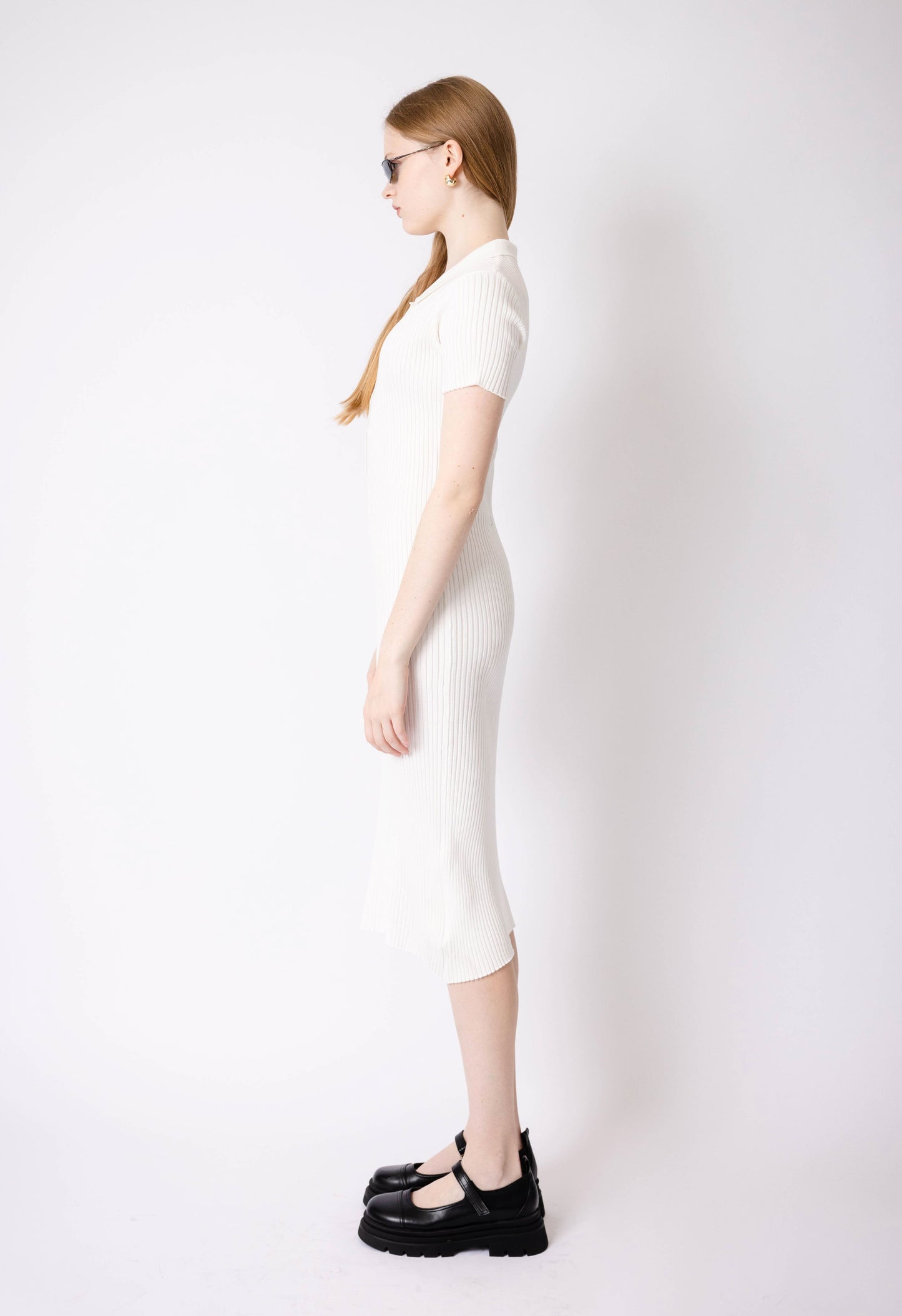 Ribbed Polo Dress in White