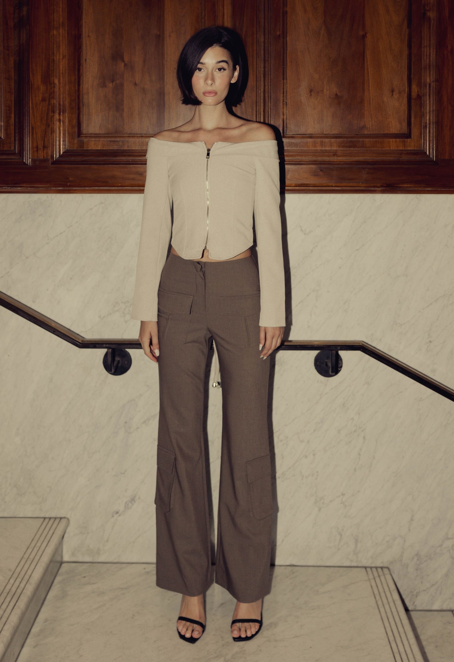 Off The Shoulder Corset Top In Taupe