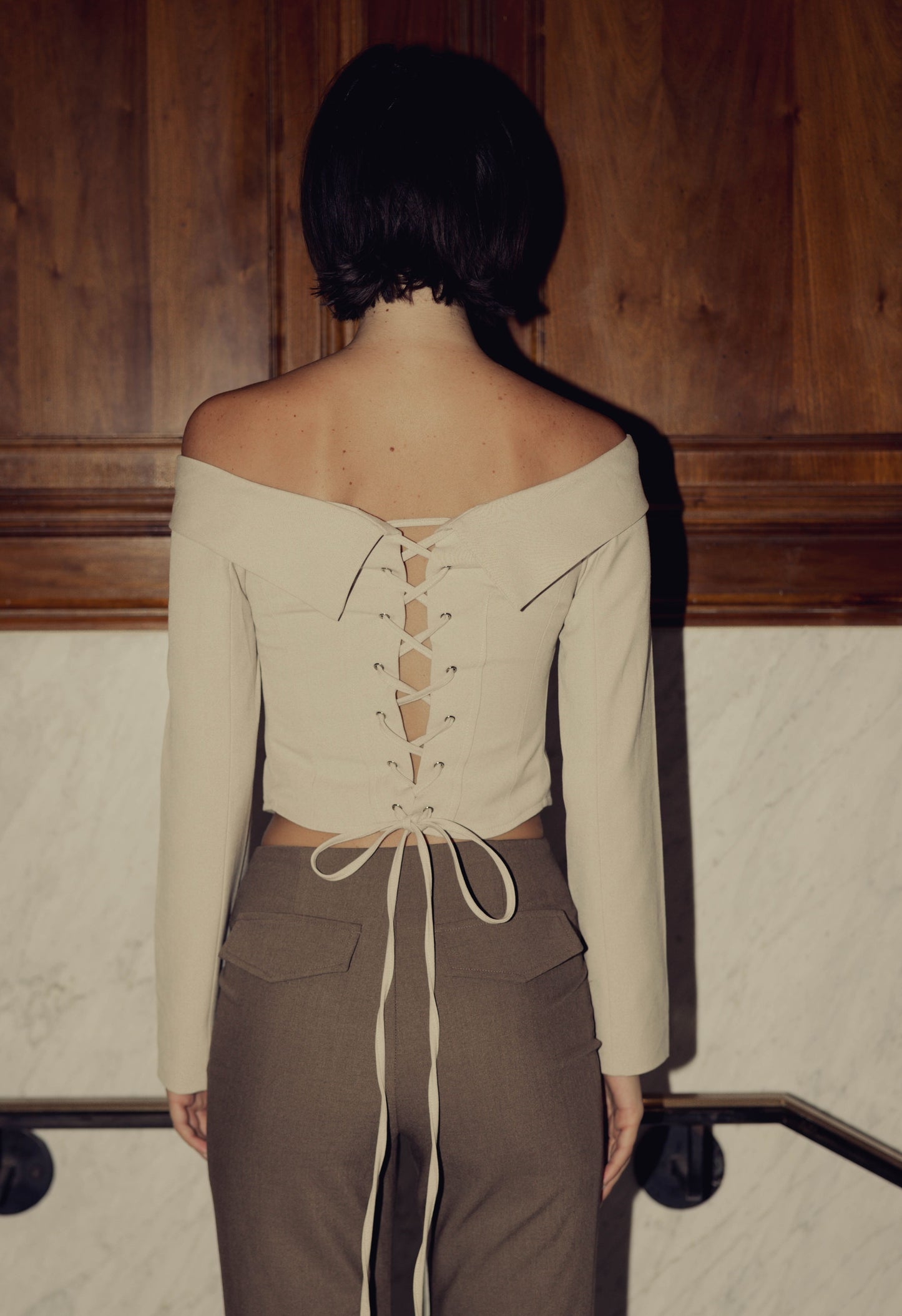Off The Shoulder Corset Top In Taupe