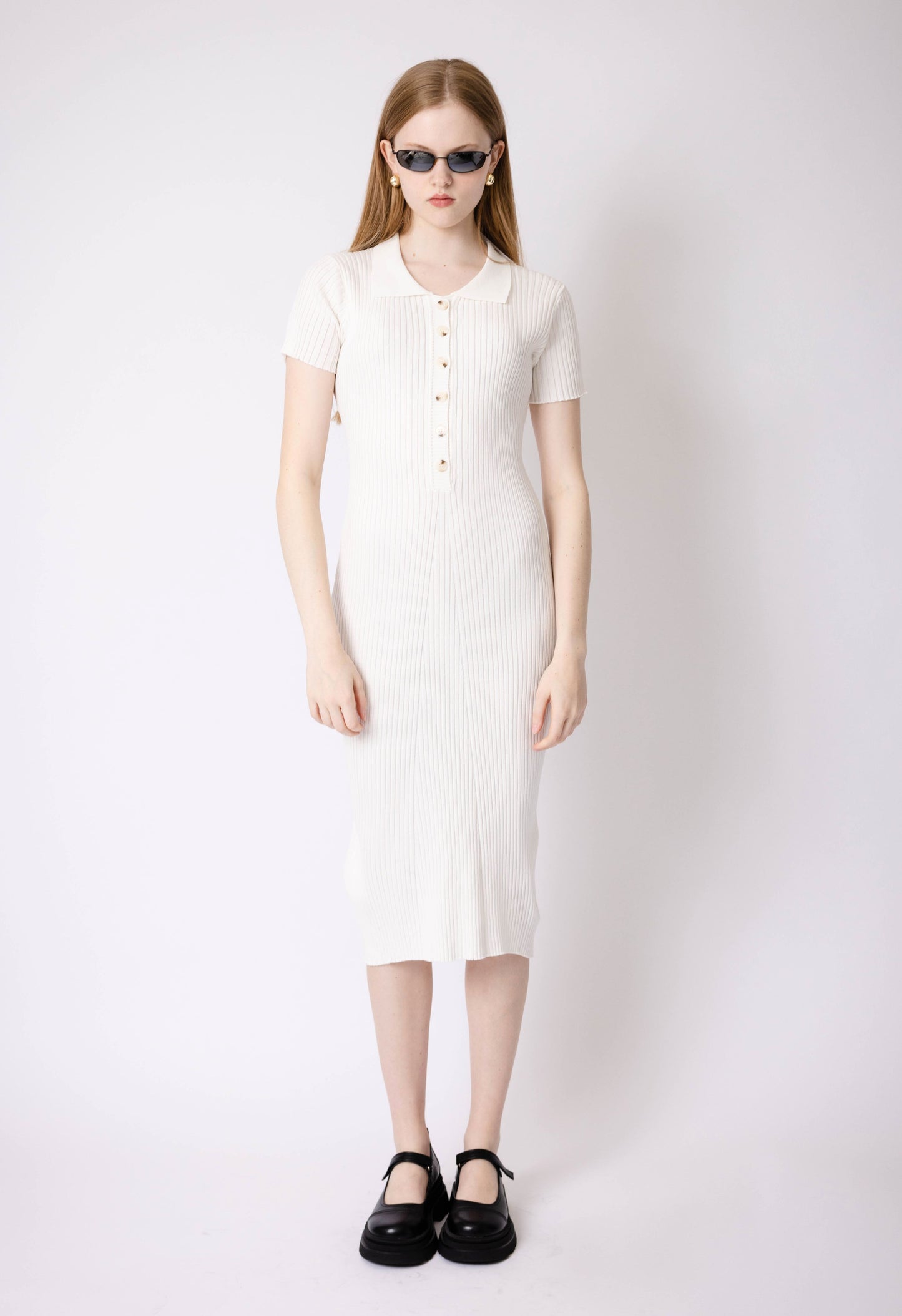 Ribbed Polo Dress in White