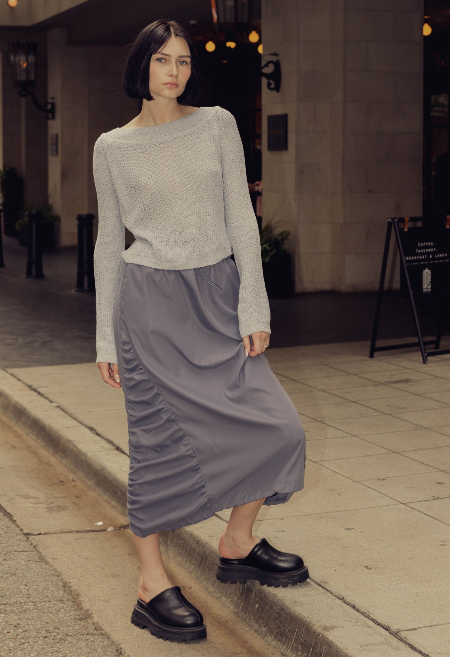 Side Ruched Midi Skirt in Graphite