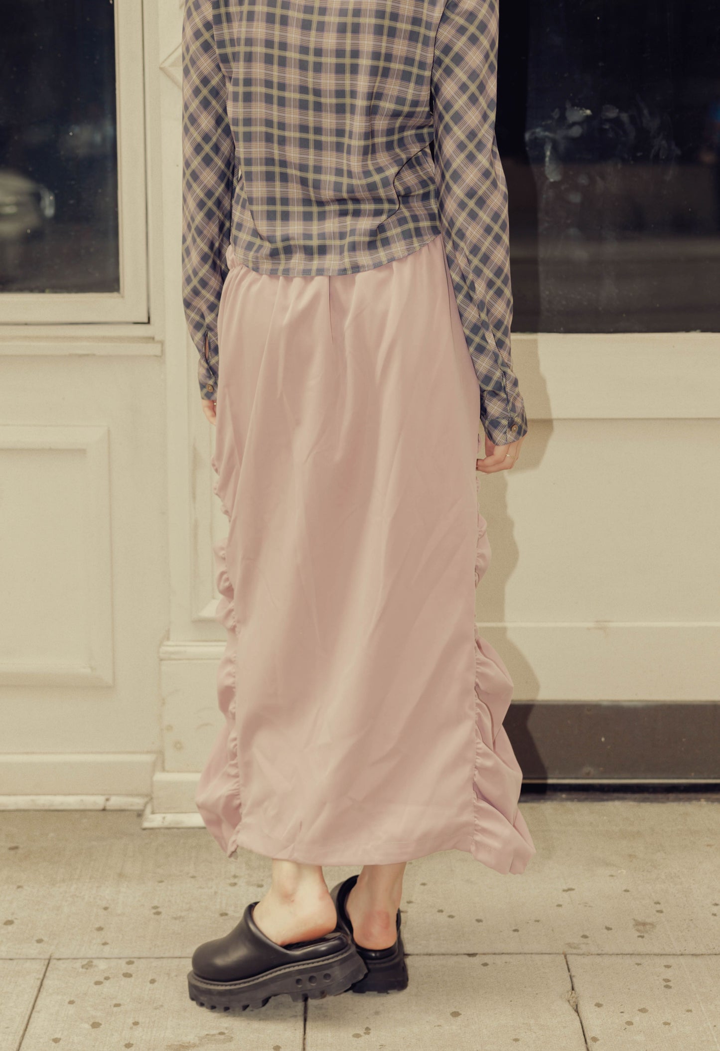 Side Ruched Midi Skirt in Pink
