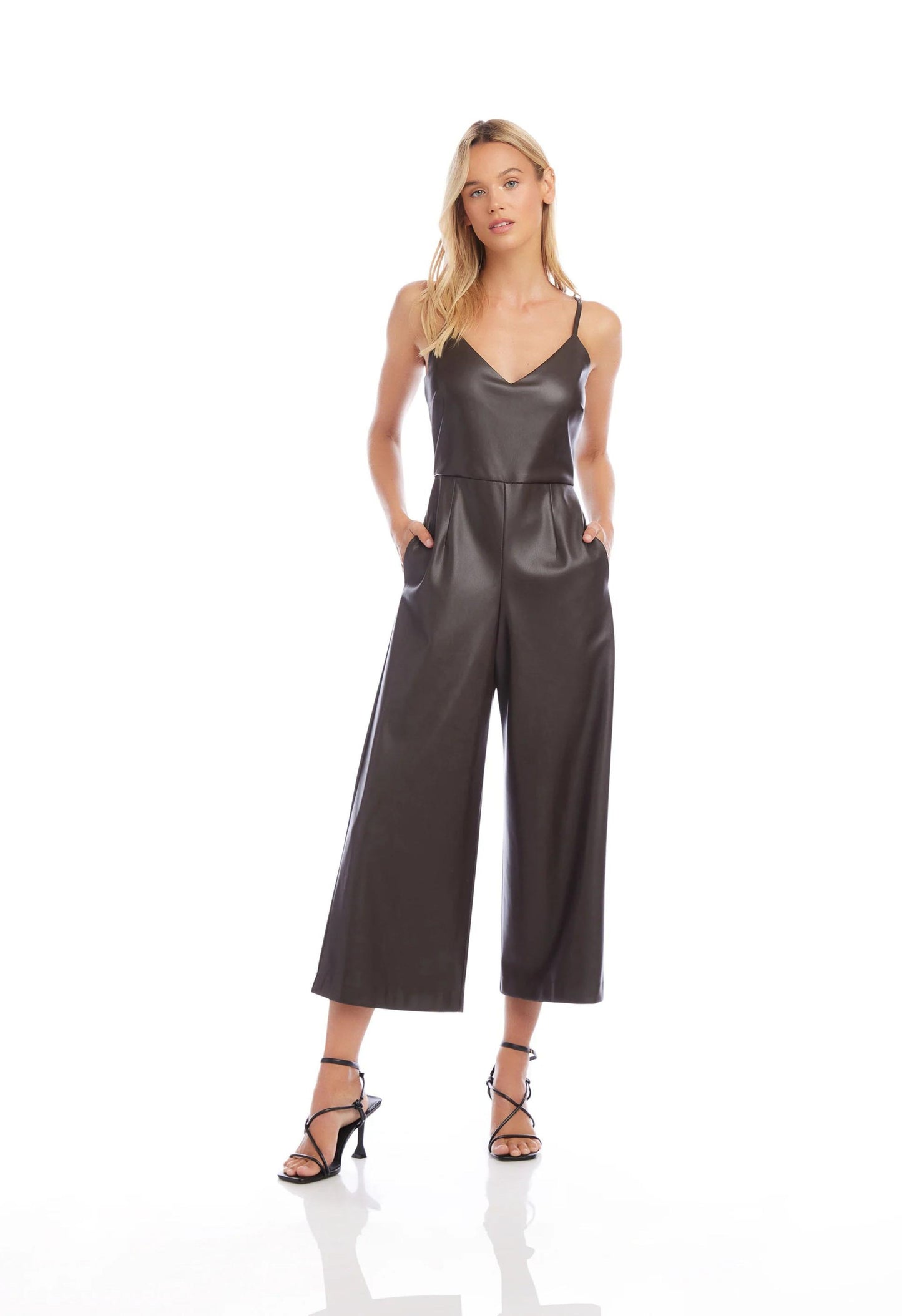 Faux Leather Jumpsuit in Brown