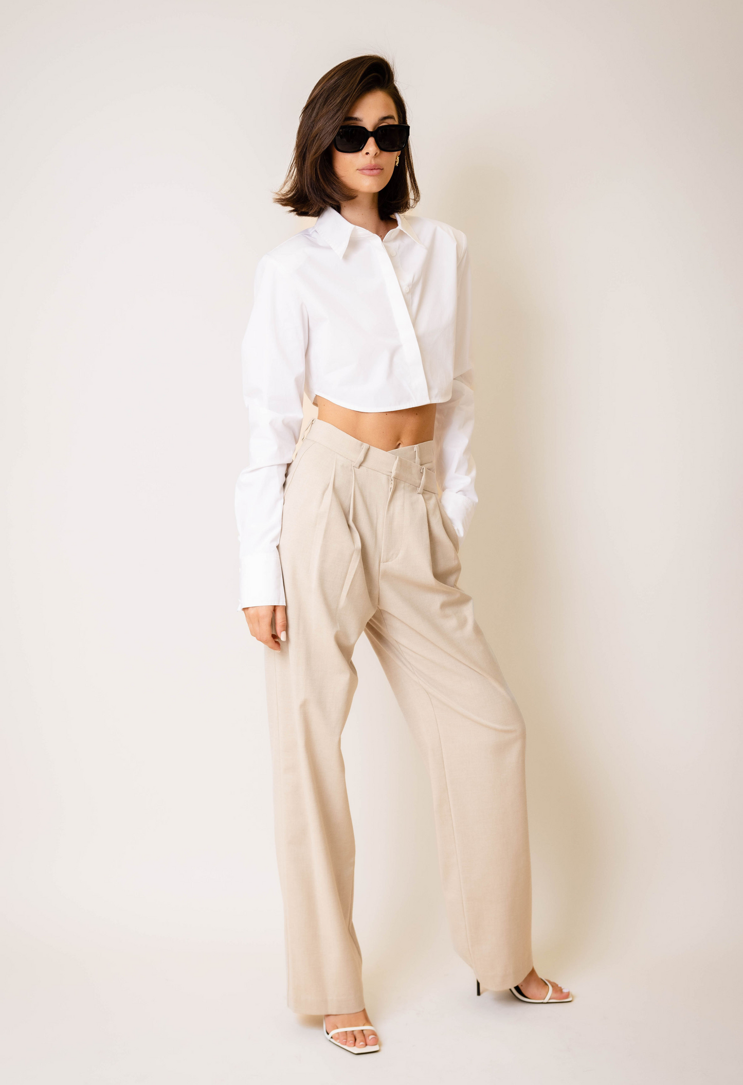 White Structured Cropped Button Down