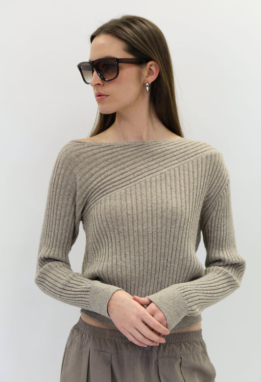 Asymmetrical Ribbed Knit Top in Natural