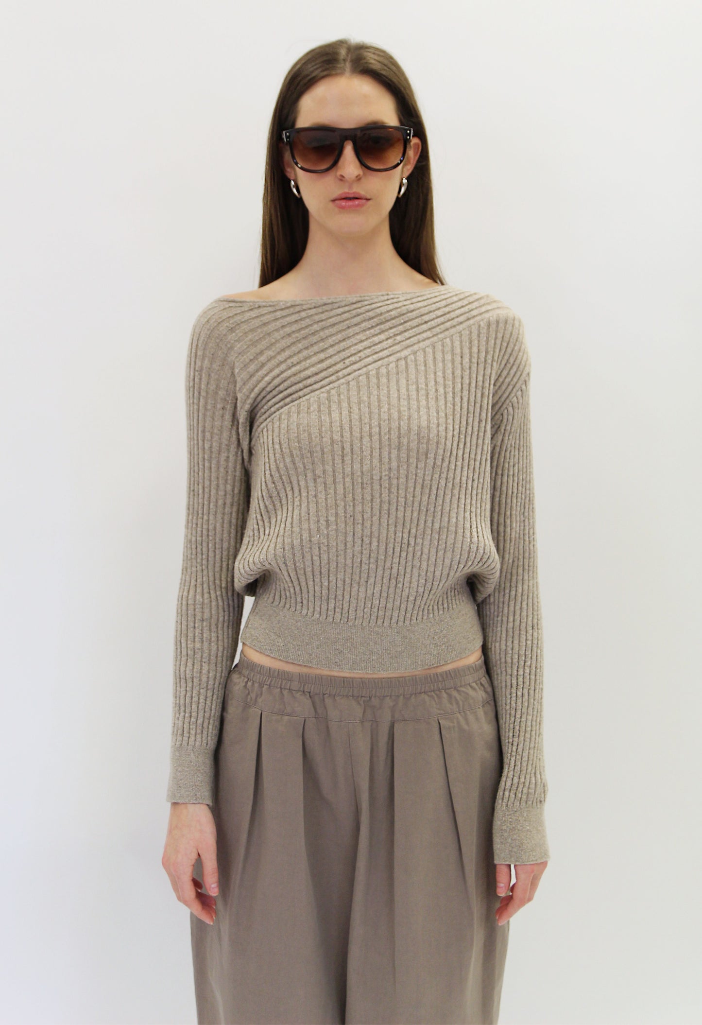 Asymmetrical Ribbed Knit Top in Natural