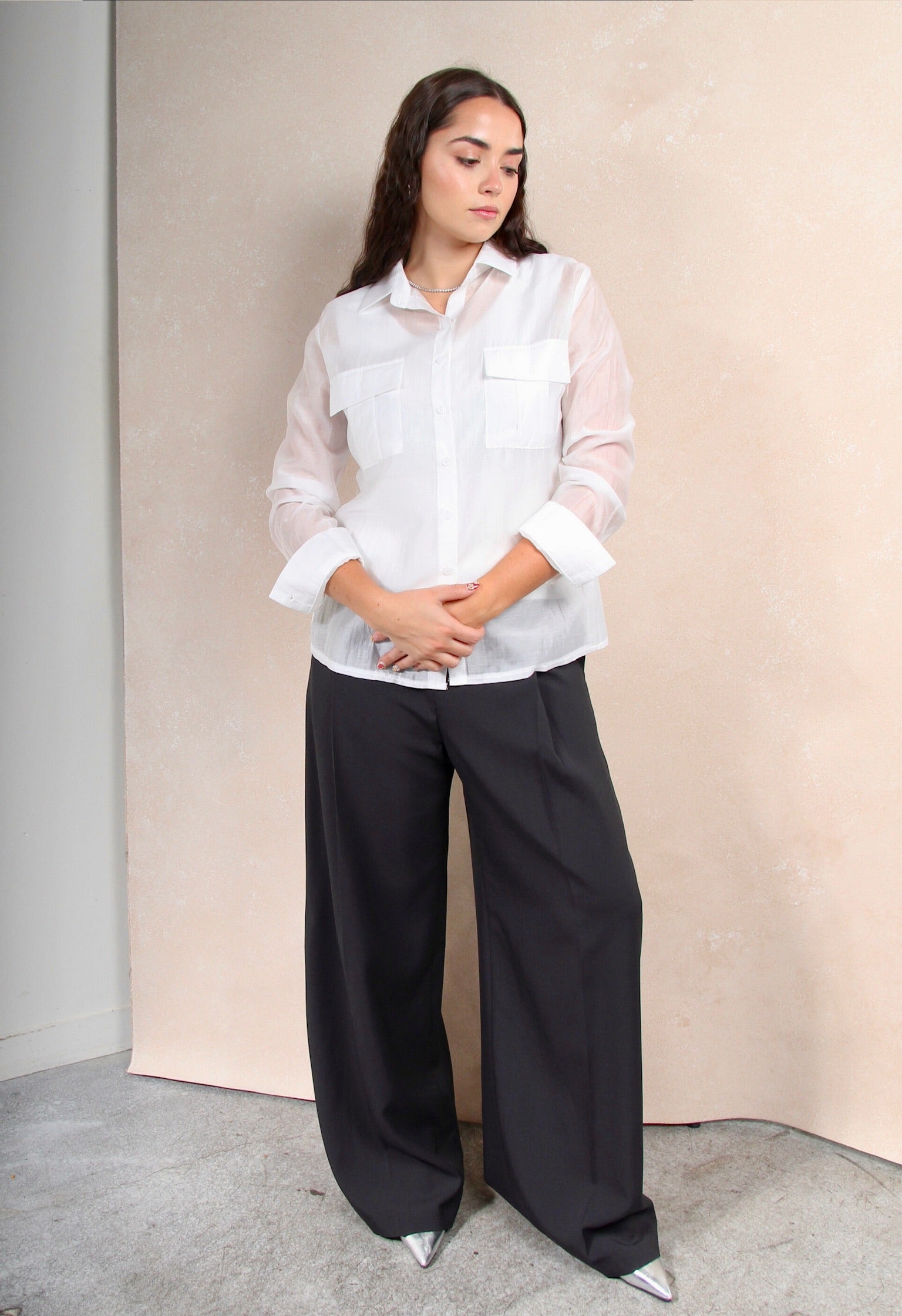 sheer white dress shirt Bella White Sheer Button-Up Shirt in Organza S