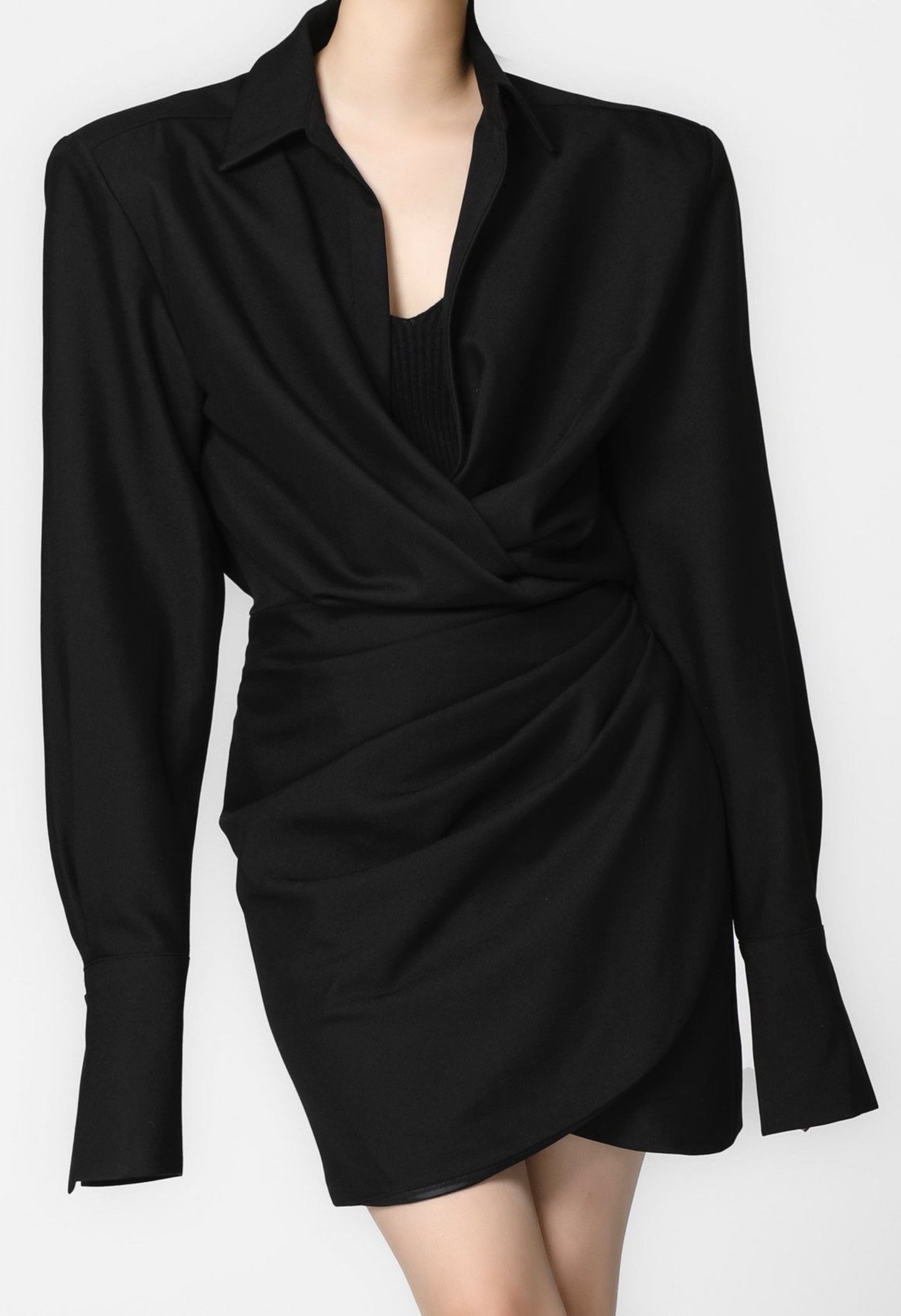 Long Sleeve Deep V Dress in Black