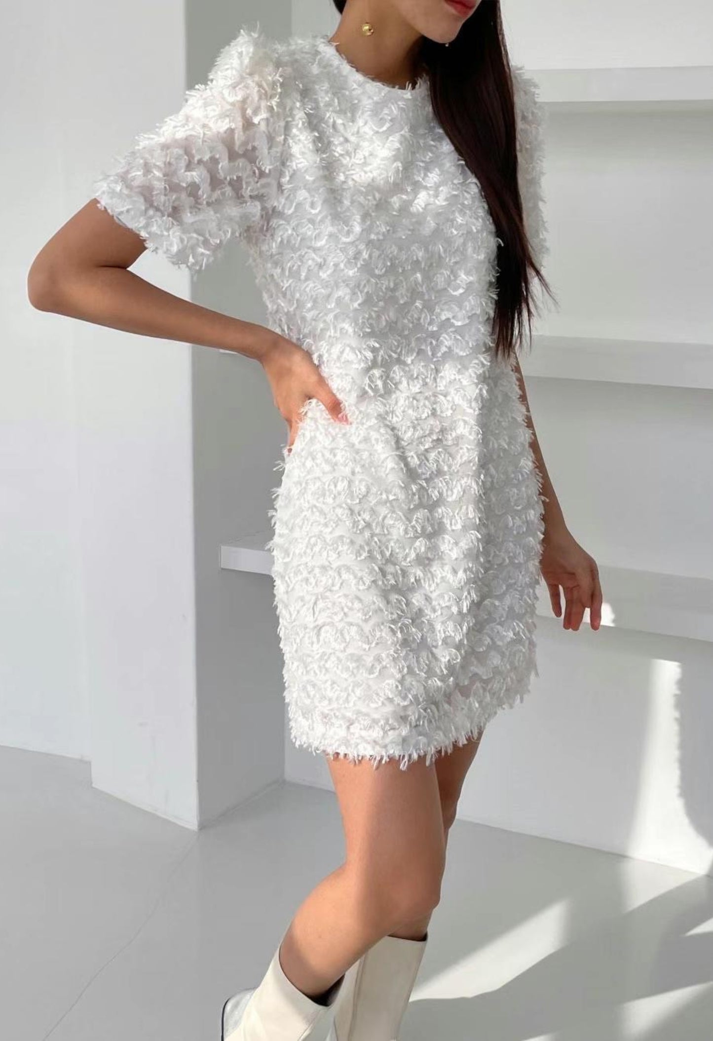 Feathered Frill Dress in White