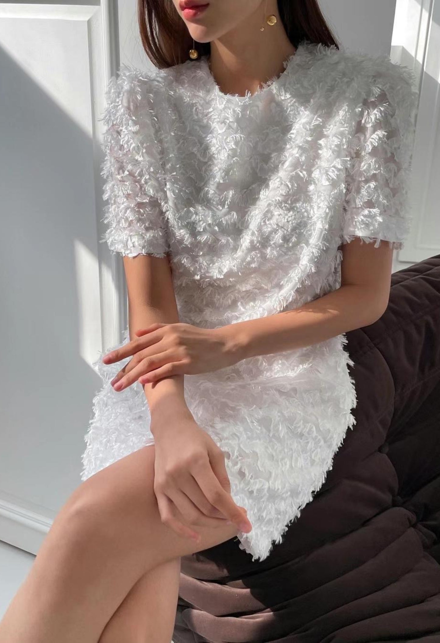 Feathered Frill Dress in White