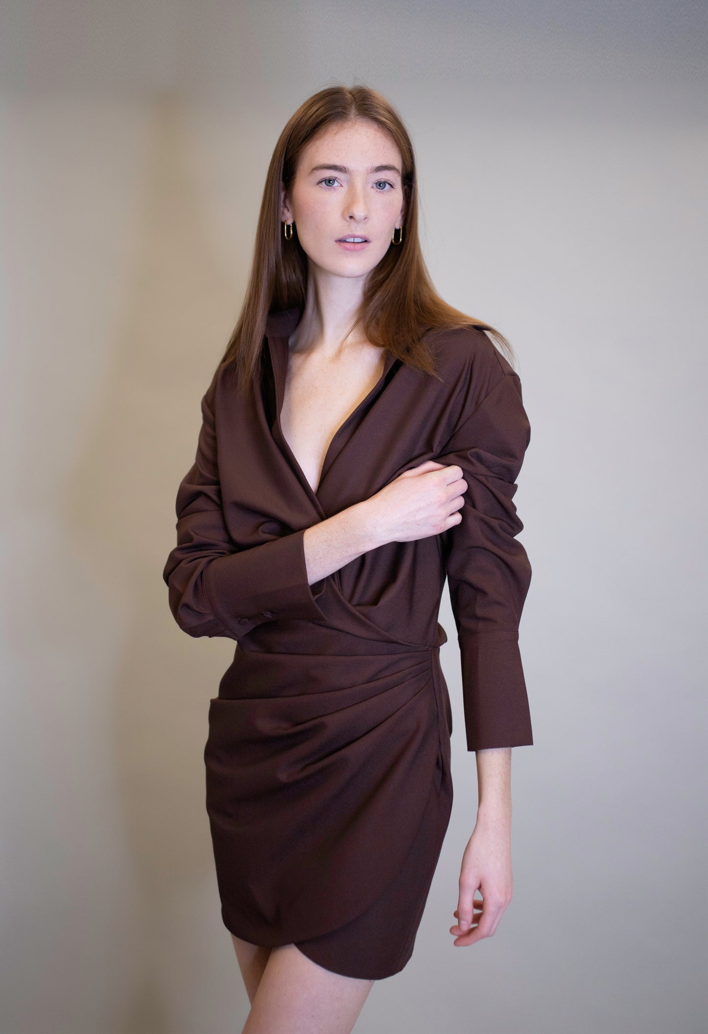 Long Sleeve Deep V Dress in Brown